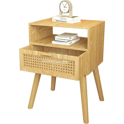 Nightstand with Rattan Door Wooden Bedside Table End Table 1 Drawer Storage