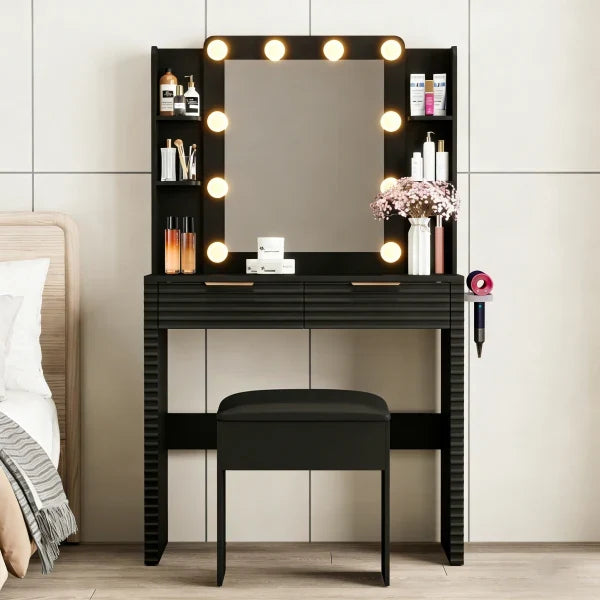 Makeup Vanity Desk with 10 Bulbs, Fluted Dressing Table with Charging Station, 2 Drawers and 4 Open