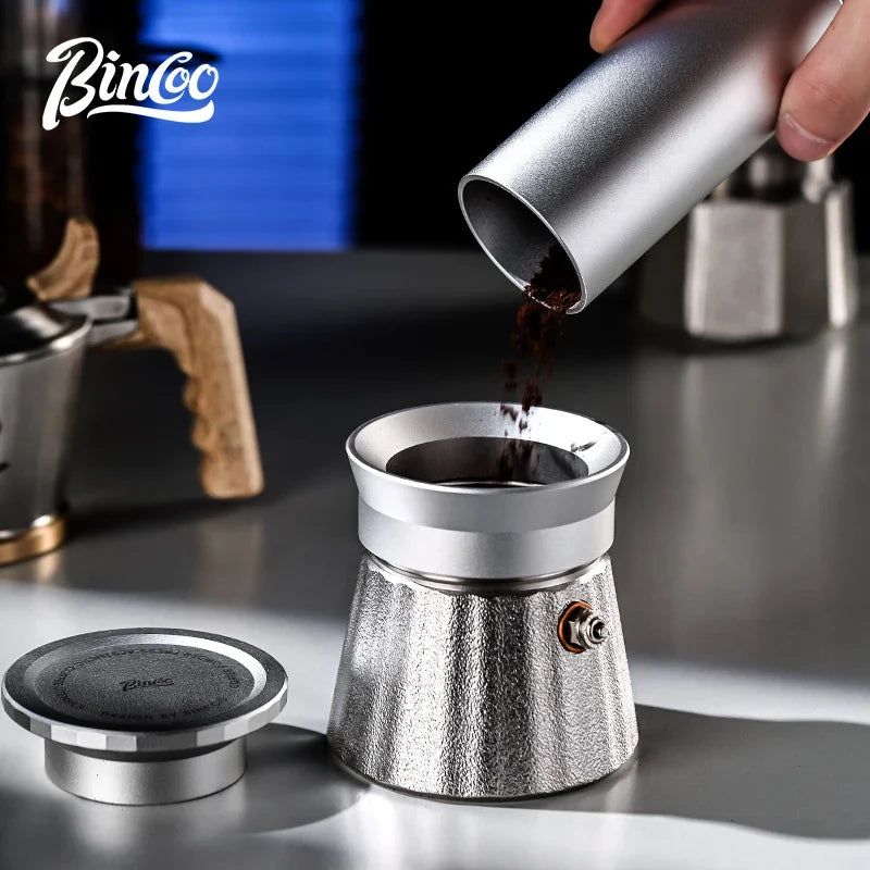 Bincoo Moka Pot Coffee Distributor, Aluminum Alloy Dosing Ring, Tamper, Anti-Spill Powder Funnel, Threaded Bottom Coffee Press