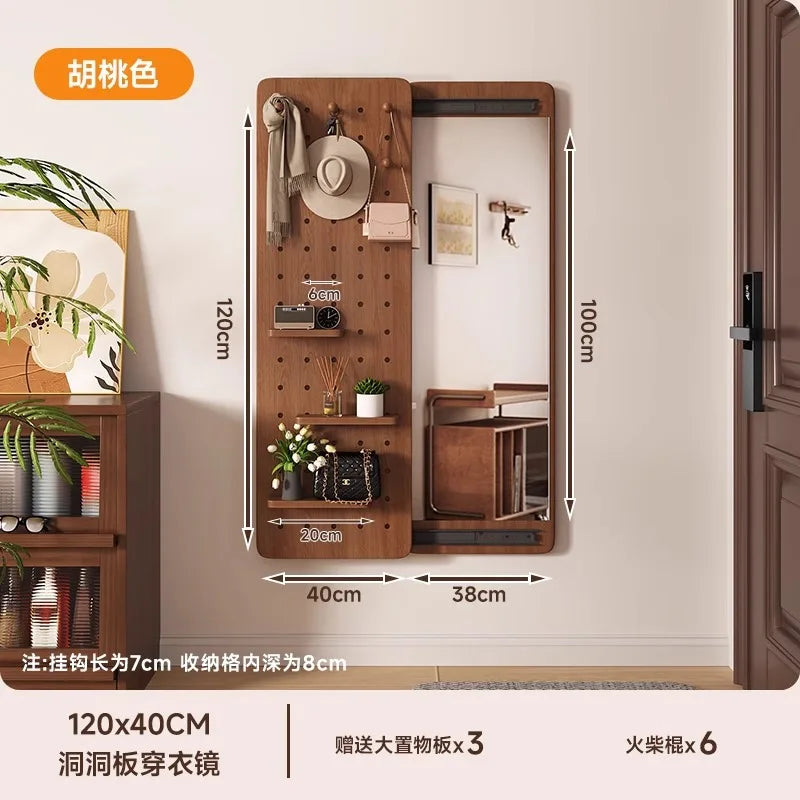 Solid wood perforated board dressing mirror invisible push-pull full body mirror storage wall hanging entrance dressing mirror