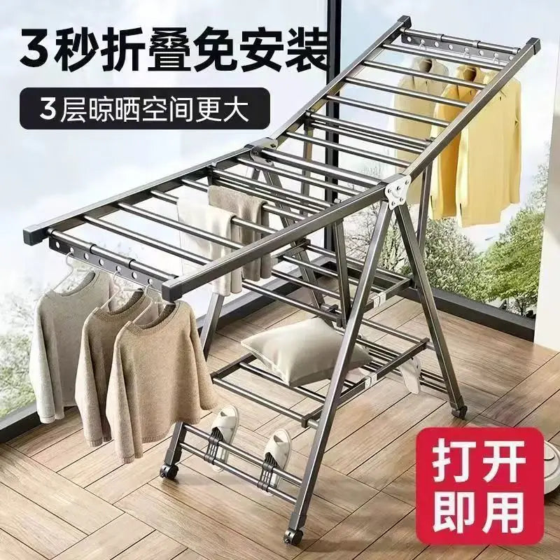 Folding clothes rack home movable balcony bedroom clothes rack clothes rod telescopic clothes rack