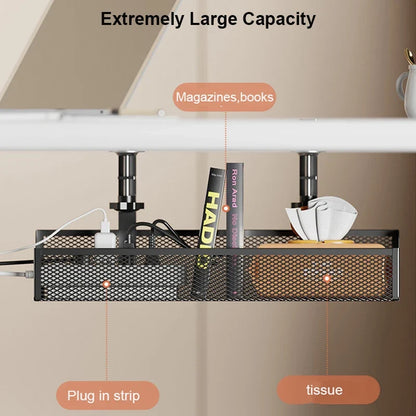 No Drilling Extendable Under Desk Cable Management Metal Cable Tray Under Desk With Clamp Retractable Power Strip Cord Holder