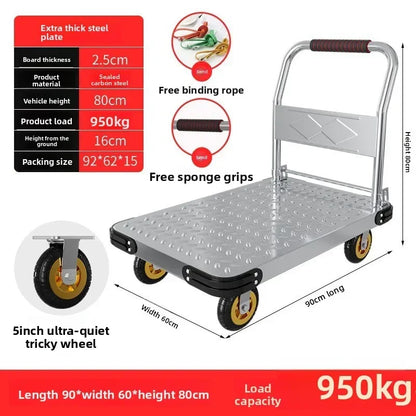 Steel plate pulling trolley trolley trolley handling thickened foldable portable silent trailer pulling flat truck