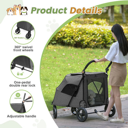 Pet Stroller for Large Dogs,Up to 66lbs Pet Pram Adjustable Handle, Folding Dog Buggy, XXL Storage Double Pet Pram for Cats