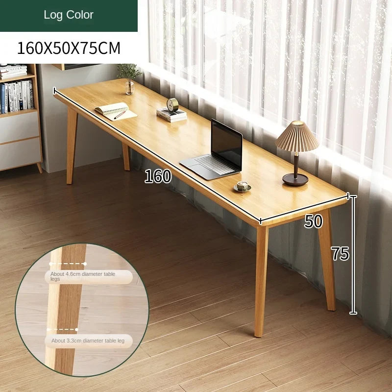 Double desk with solid wood legs, long and simple, for home use, near a window or wall, narrow table/workbench