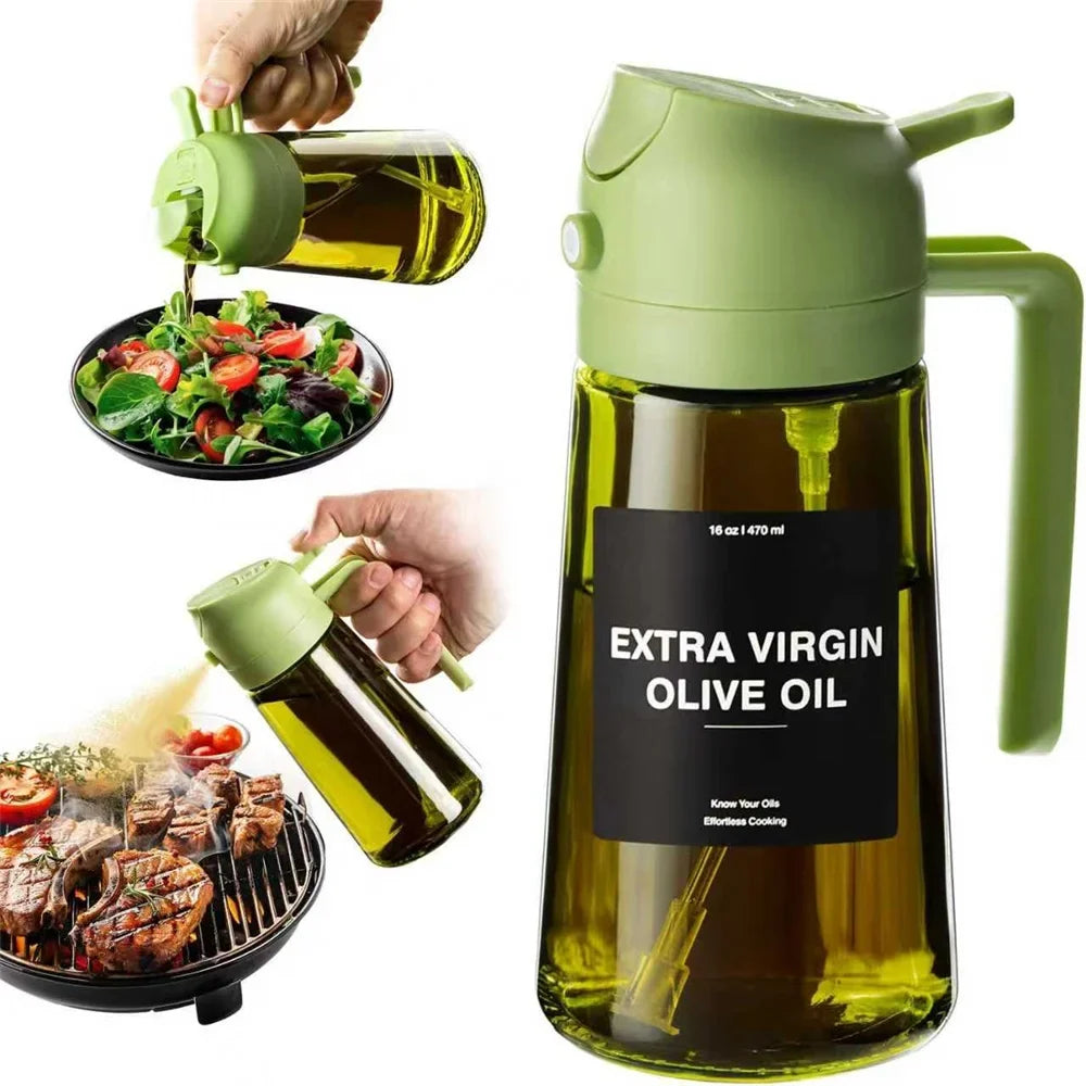 Olive Oil Dispenser,Sprayer for Cooking 2 in 1- Spray and Pour,Dark Green Glass Oil Bottlewith Stickers,16oz/470ml Oil Sprayer