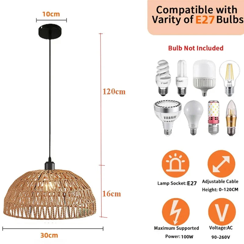 Newest hemp rope woven pendant lamp pastoral restaurant tea room inn bar bedroom rattan indoor chandelier lighting  AC95-260V