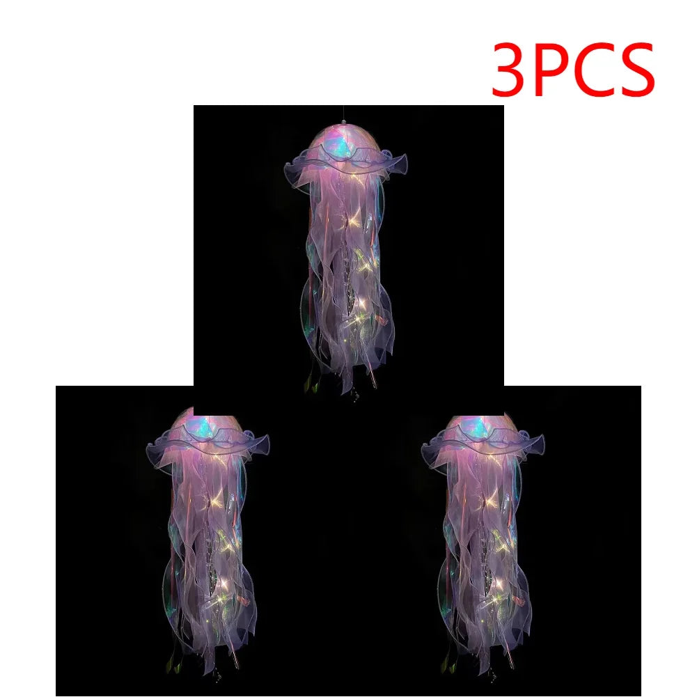 Jellyfish Colorful Nightlight Button Battery Hanging Ceiling Lantern with Ribbon&Bead LED Bulbs for Children Bedroom