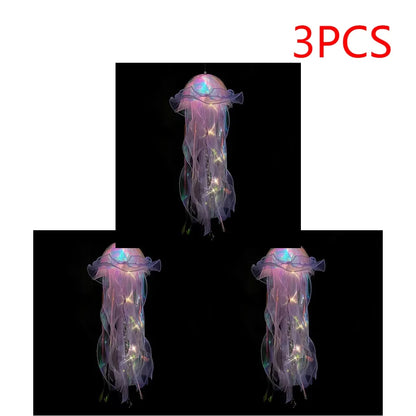 Jellyfish Colorful Nightlight Button Battery Hanging Ceiling Lantern with Ribbon&Bead LED Bulbs for Children Bedroom