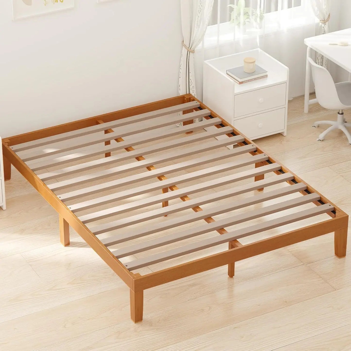 Queen Size Wood Bed Frame 12in Wooden Platform Bed Foundation with Support Slats