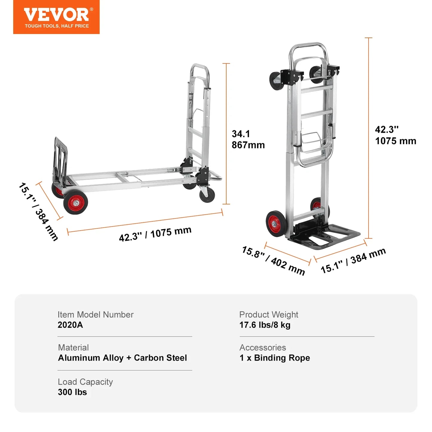 Folding Moving Cart with Wheels, Portable Lightweight Hand Truck Dolly for Warehouse, Transport & Home