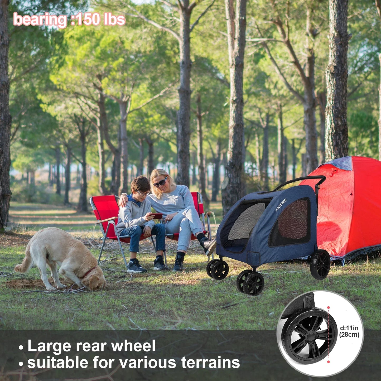 Heavy Duty Dog Stroller for Large Dogs up to 120 lbs, Foldable Pet Wagon with 360° Wheels, All-Round Ventilation, Front & Rear Z