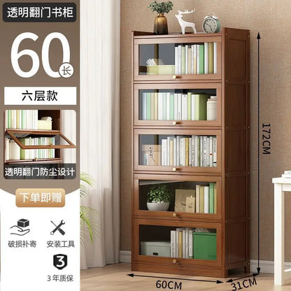 Modern Bamboo Bookshelf Storage Cabinet with Flip Doors 4/5/6 Tier Bookcase for Living Room Bedroom Office