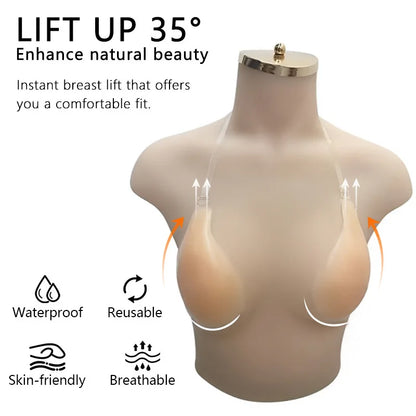 Spoon shaped lifting bra with shoulder straps for anti sagging, invisible and seamless gathering, silicone chest patch