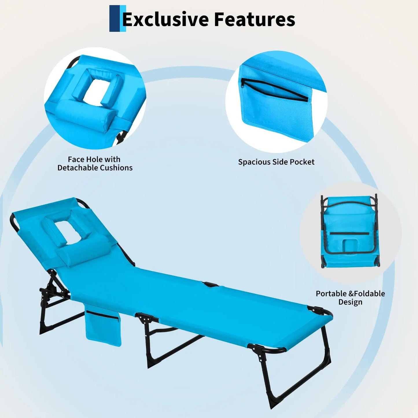 Folding Tanning Chair With Face Hole Portable Face Down Beach Lounge Chair 5-Position Adjustable Outdoor Pool Patio Chaise