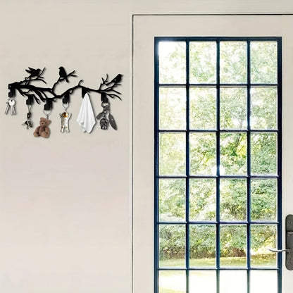 1pc Bohemian Black Metal Bird on Branch Wall Hook - Heavy-Duty Hot Iron Key Holder with Bird Silhouettes (Crows/Sparrows)