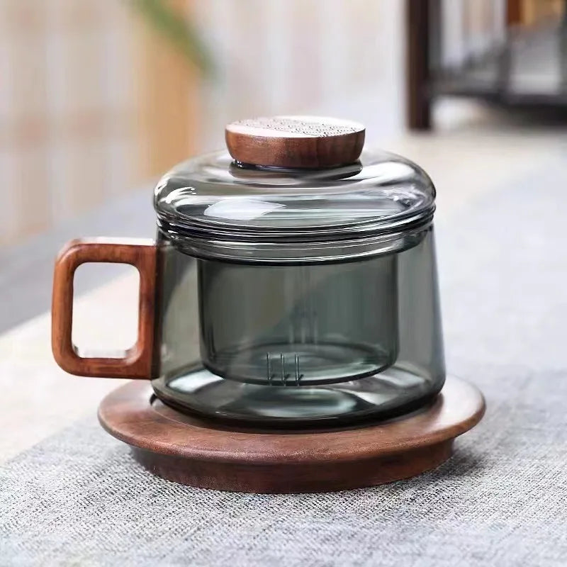 200ml Glass Tea Cup with Filter and Wooden Handle High Borosilicate Glass Teacup Home Office Tea Separation Mug Kung Fu Tea Set