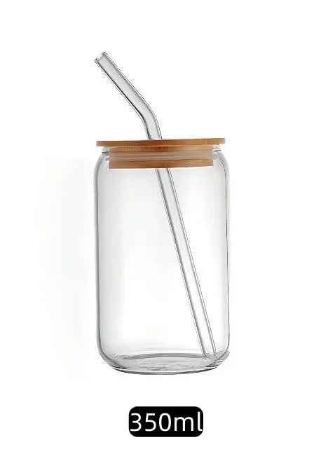 350ml/550ml Glass Cup Cola Cold Drink Water Cup with Bamboo Lid Coffee Milk Juice Straw Mug Beer Can Drink Home Breakfast Cup