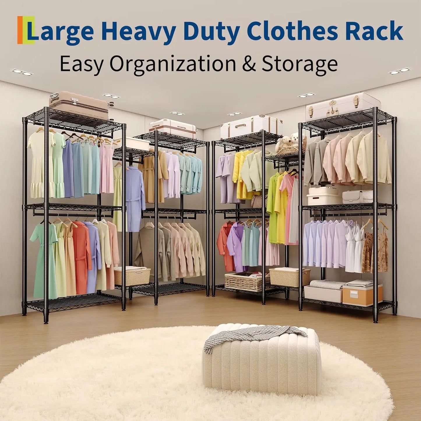 5-Tier Clothes Rack Heavy Duty Garment Rack with 8 Adjustable Shelves 5 Hanging Rods for Hanging Clothes 187W x 44D x 194H cm