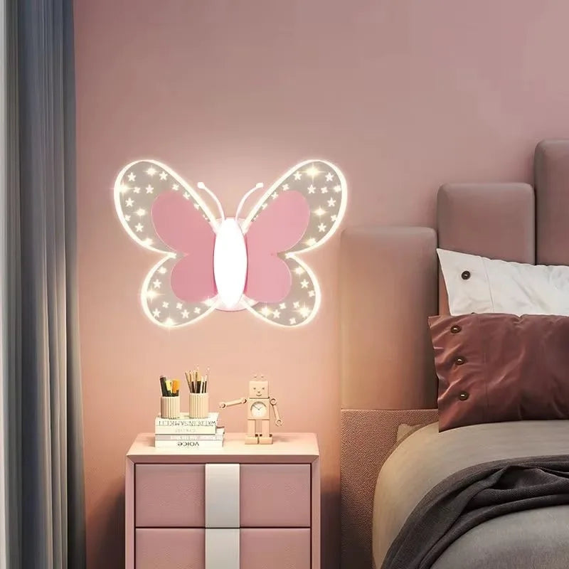 Creativity Butterfly Children's Room Wall Lamp Pink Pull Switch Wall Sconces Indoor Bedside Room Aisle Decorative Lights