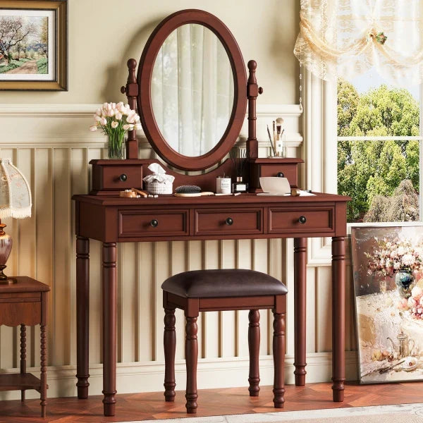 Vanity Desk with Adjustable Angle Mirror, Vintage Vanity Makeup Table and Cushioned Stool Set with