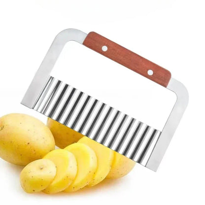 Stainless Steel Wooden Handle Wave Knife Wolf Tooth Potato Knife Potato Chip Cutting Wave Knife Potato Chopper Kitchen Tool