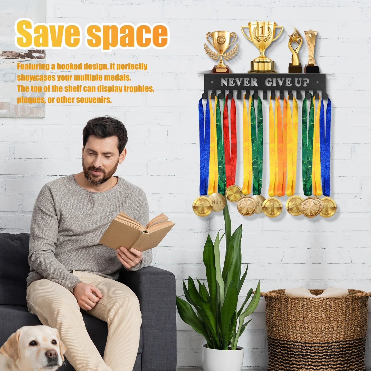 Medal Hanger Display Rack Wall Mount Metal Trophy Rack Ribbons Medals Display Hanger with Inspirational Words for Soccer Race