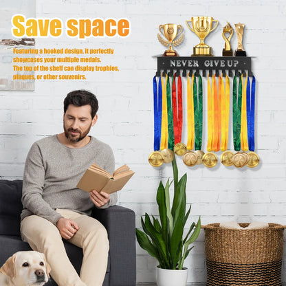 Medal Hanger Display Rack Wall Mount Metal Trophy Rack Ribbons Medals Display Hanger with Inspirational Words for Soccer Race