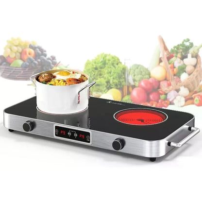2-Burner Electric Cooktop Countertop Stove with Knob Control 2200W 120V Stainless Steel Finish Compact Design for Kitchen Count