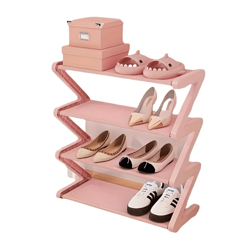 4-Tier Pink Z-Shaped Shoe Rack - Floor-Mounted Storage Rack for Living Room Bedroom & Entryway|Shoe Rack|Shoe Storage Organizer