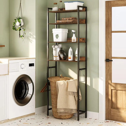 4-Tier Over Toilet Storage Rack with Hooks, Space-Saving Bathroom Organizer in Rustic Brown