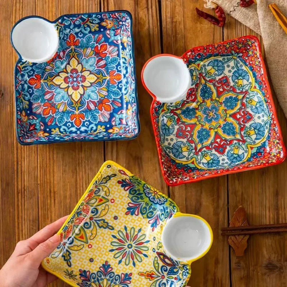 Bohemian dumpling plate with vinegar dish, household ceramic plate, segmented breakfast plate, high-end dumpling-specific plate
