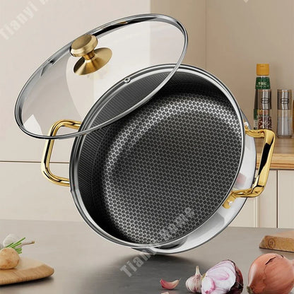 30cm Stainless Steel Frying Pan Non-stick Soup Pot wok with lid Home Honeycomb Induction Cooker Gas Stove Stew Kitchen Cookware
