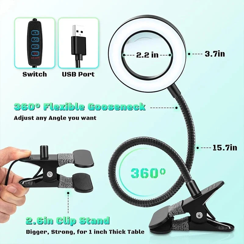 With/Without Magnifier 3 Color Change 10 Brightness Stepless, Flexible Gooseneck Desk Light With Magnifying Glass Or Not Include