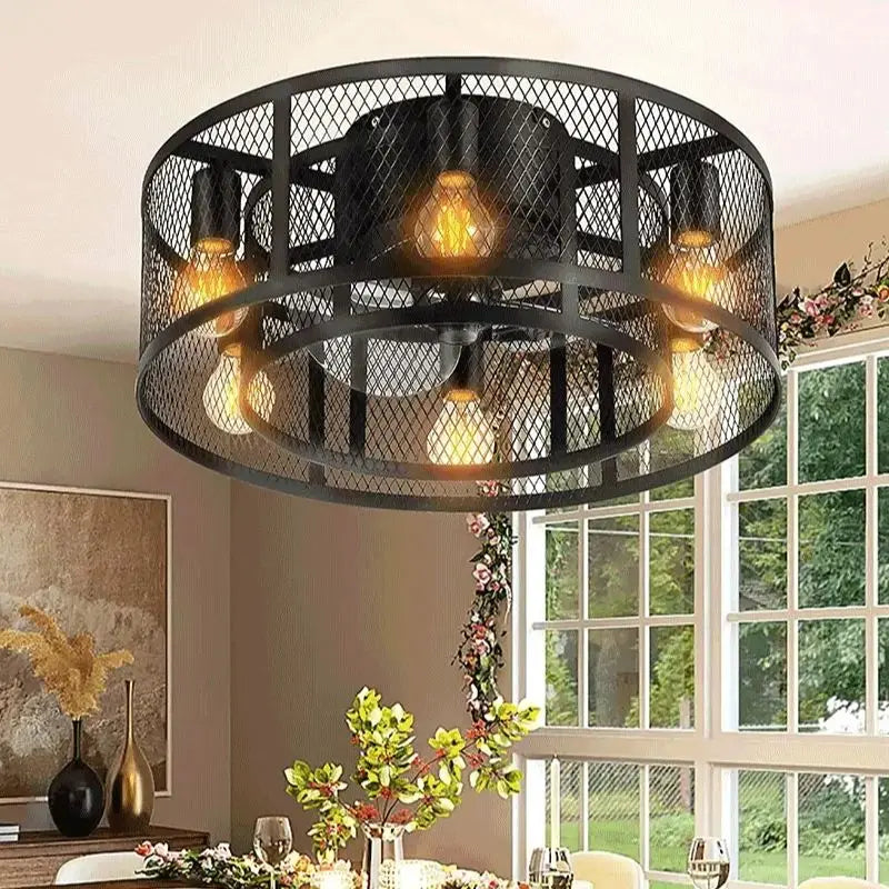 Reversible 6 Speed  Ceiling Fan Lights with Remote Control Black Cage Flush Mount Fandelier Rustic Farmhouse Lighting