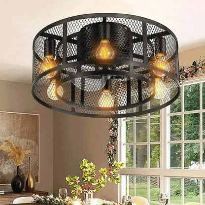 Reversible 6 Speed  Ceiling Fan Lights with Remote Control Black Cage Flush Mount Fandelier Rustic Farmhouse Lighting