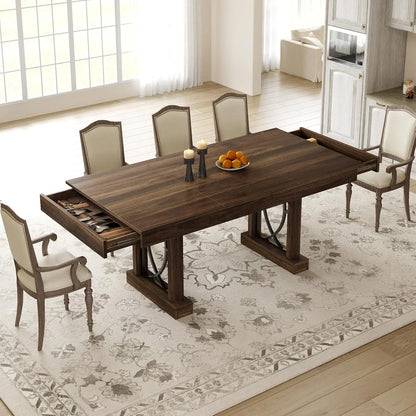 Wooden Rectangular Kitchen Table with Double Pedestal & Large Tabletop Dining Room Table for 6-8 with 2 Drawers Walnut