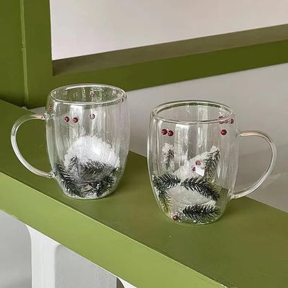 200/350ML Christmas Mug Double Wall Glass Cup Snow Scene Coffee Cup Heat Resistant Juice Milk Glass Water Cup ‌Christmas Gift