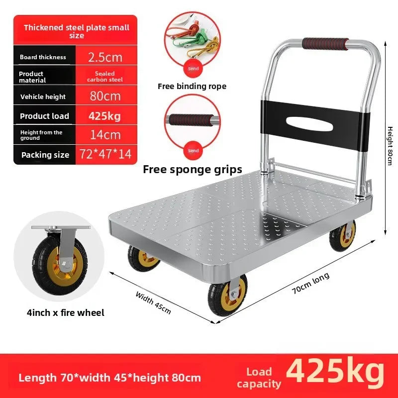 Steel plate pulling trolley trolley trolley handling thickened foldable portable silent trailer pulling flat truck