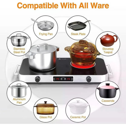 2-Burner Electric Cooktop Countertop Stove with Knob Control 2200W 120V Stainless Steel Finish Compact Design for Kitchen Count