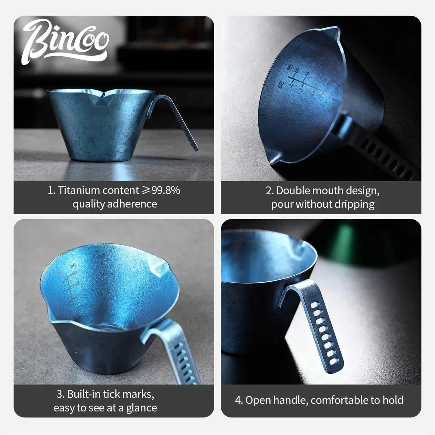 Bincoo Durable Titanium Espresso & Milk Tool, 90ml Dual-Purpose Shot Glass with Scale for Long-Lasting Cafe and Home Performance