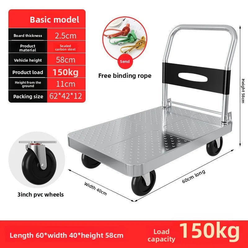 Steel plate pulling trolley trolley trolley handling thickened foldable portable silent trailer pulling flat truck