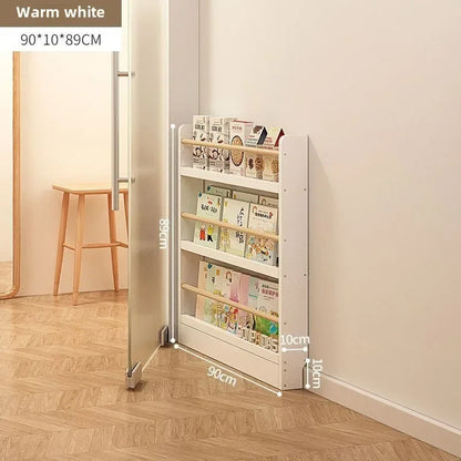 Solid wood bookshelf, floor standing wall mounted multi-layer storage rack, household bookshelf, thin bookshelf behind the door