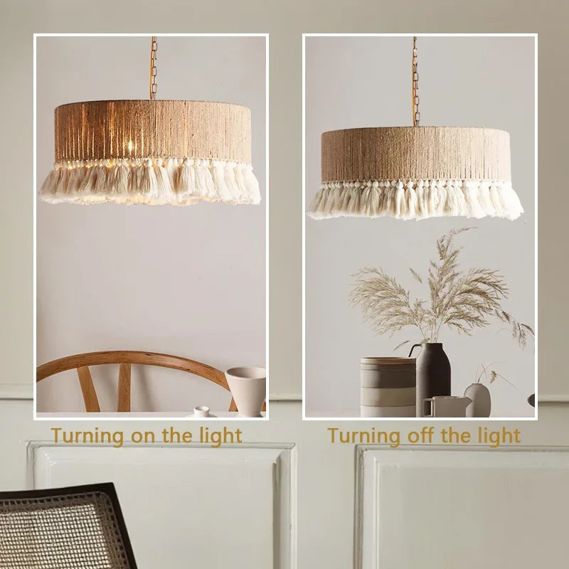 Bohemian Vintage Hemp Rope Pendant light E27 Tassel Cage Chandelier with Dining Room Kitchen Island Farmhouse Rest hanging light