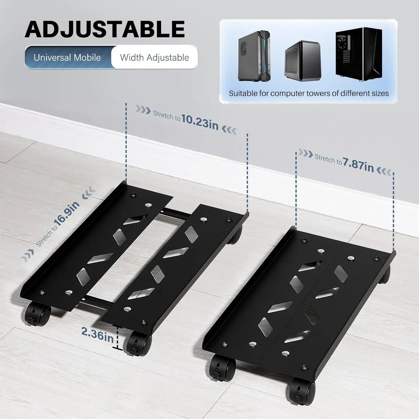 Adjustable Metal Computer Tower Stand, PC Floor Stand with 4 Caster Wheels Fits Most PC, Under Desk CPU Holder PC Floor Cart