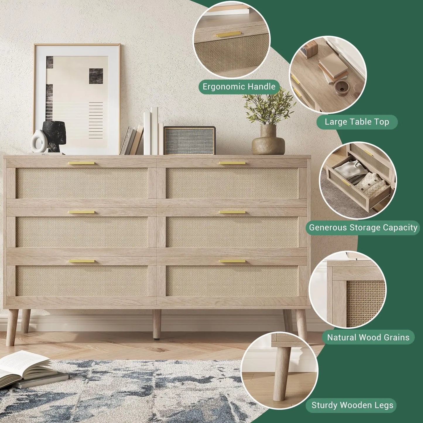 47.2" Rattan 6 Drawer Dresser Mid Century Modern Chest Of Drawers With Gold Handles Large Storage Dresser For Bedroom Entryway