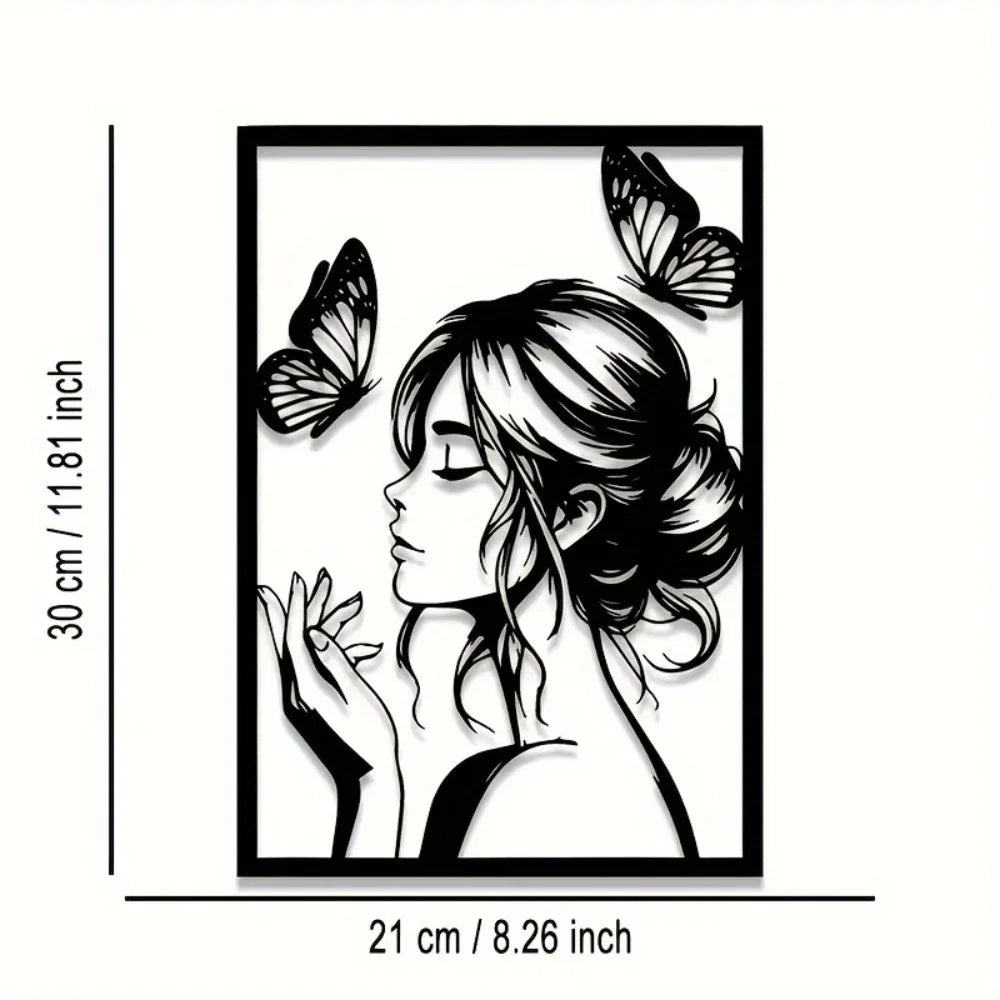 Metal Wall Art with Woman & Butterfly – Elegant Framed Decor for Room, Patio, Terrace, Perfect Gift for Her