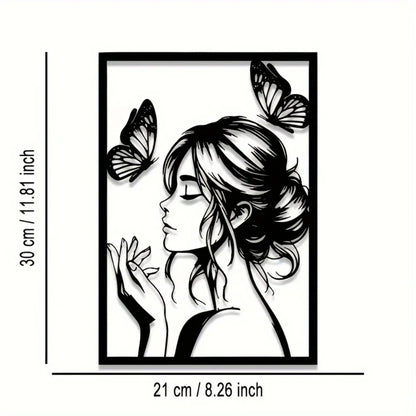 Metal Wall Art with Woman & Butterfly – Elegant Framed Decor for Room, Patio, Terrace, Perfect Gift for Her
