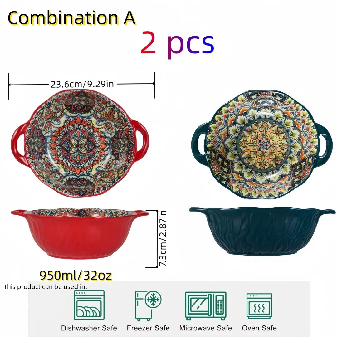 Bohemian Style Ceramic Soup Bowl with Handle Microwave Safe Embossed Design Great for serving soups salads ramen noodles