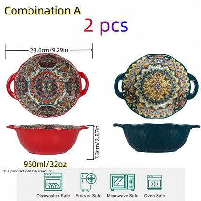 Bohemian Style Ceramic Soup Bowl with Handle Microwave Safe Embossed Design Great for serving soups salads ramen noodles